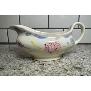 Vintage Hand Painted Floral Gravy Boat Pink Rose Ceramic Creamer Farmhouse Style